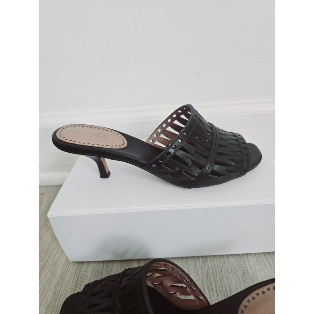 Alaia Paris Cutout Leather Black Slip On Open Toe Kitten Heels Mules Shoes 37 7 - Picture 10 of 11
